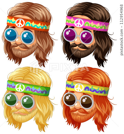Groovy Bearded Faces with Colorful Headbands 112954968