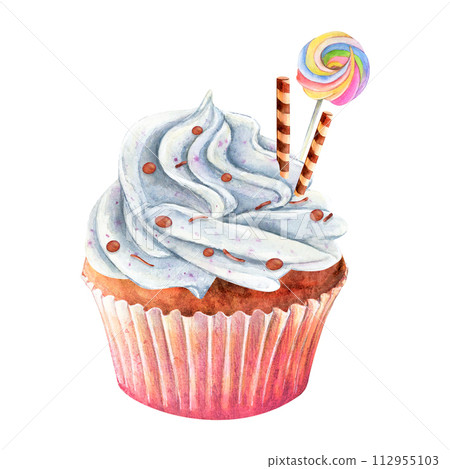 Cupcake muffin cream watercolor drawing sweets. Candy pops stick cake. Sucker chocolate sugar topping treat. Dessert illustration. Birthday confection decoration. Aquarelle isolated white background 112955103