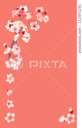 Watercolor hand drawn pink sakura flower vertical frame on peach background 112955291