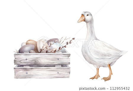 Cute watercolor illustration wooden box made of white gray with chicken and quail eggs and willow branches and white goose. wooden boards. Hand drawn easter illustration isolated on background. 112955432