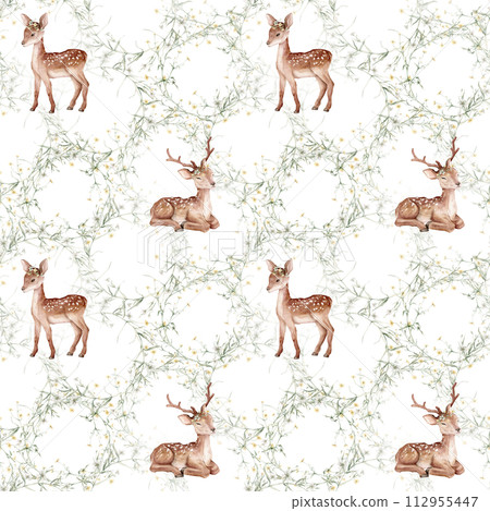 Watercolor seamless pattern baby deer and meadow flowers. Spotted deer isolated on white background. Hand painted wild animal template for fabric. Animal for design print or background. floral branche 112955447