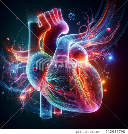 A photograph of a translucent human heart in mid-beat, showcasing the circulation within the vascular system. AI Generate 112955798