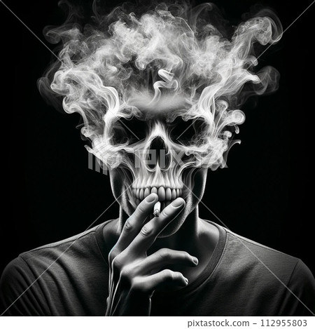 AI Generate. a person smoking a cigarette, with the smoke morphing into a skull shape around their head, highlighting the dangers of tobacco use. 112955803