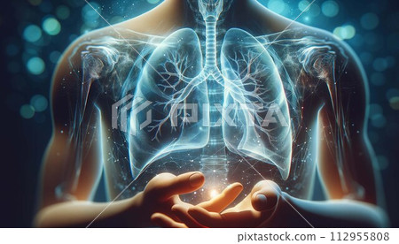Digital x ray of human lungs holographic scan projection on blurred background .AI Generate Digital x ray of human lungs holographic scan projection on blurred background .AI Generate 112955808