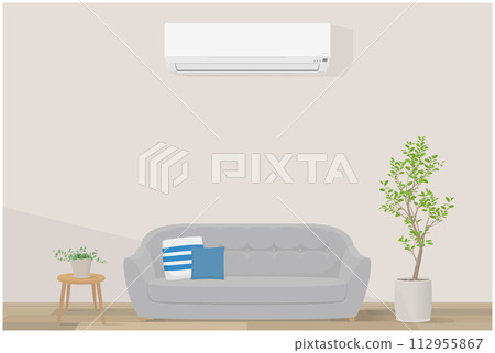 Illustration of a room with an air conditioner: Living room with a sofa and houseplants Illustration of a room with an air conditioner: Living room with a sofa and houseplants 112955867