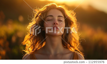 AI-generated content. Beautiful young woman breathing fresh air at the summer morning AI generated 112955976