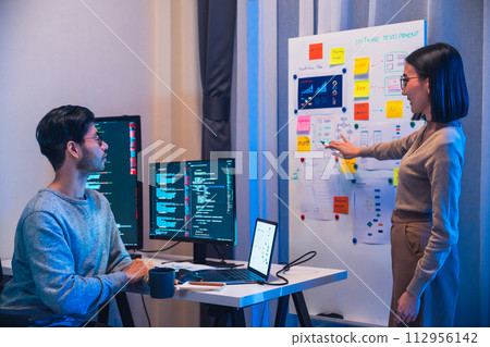 Developer team present project interface design with board and solving problem at office 112956142