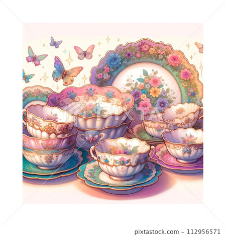 花卉圖案荷葉邊揮舞著茶杯生成AI 112956571