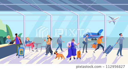 Interior inside the airport terminal with people and luggage. Airport lounge on a sunny day. A large woman with a dog and a running girl. Flight check in counter. Flat vector illustration for banner Interior inside the airport terminal with people and luggage. Airport lounge on a sunny day. A large woman with a dog and a running girl. Flight check in counter. Flat vector illustration for banner 112956827