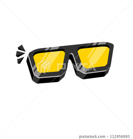 Black sunglasses with yellow lens isolated on white background. Cartoon funny kids pink summer sunglasses icon, label and sign. Cool hipster Sunglasses vector graphic illustration Black sunglasses with yellow lens isolated on white background. Cartoon funny kids pink summer sunglasses icon, label and sign. Cool hipster Sunglasses vector graphic illustration 112956893