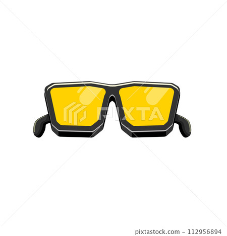 Black sunglasses with yellow lens isolated on white background. Cartoon funny kids pink summer sunglasses icon, label and sign. Cool hipster Sunglasses vector graphic illustration Black sunglasses with yellow lens isolated on white background. Cartoon funny kids pink summer sunglasses icon, label and sign. Cool hipster Sunglasses vector graphic illustration 112956894