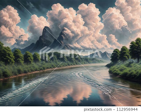 Beautiful natural scenery of river in tropical green forest with mountains in background. 112956944