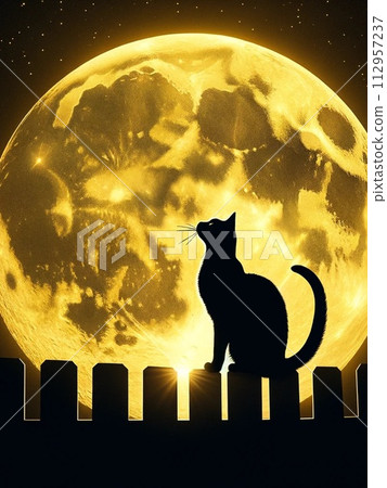Full moon, moon and cute cat silhouette Full moon, moon and cute cat silhouette 112957237