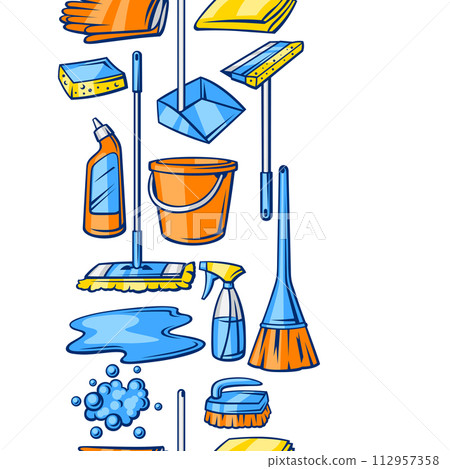 Pattern with cleaning items. Housekeeping background for service and advertising. Pattern with cleaning items. Housekeeping background for service and advertising. 112957358