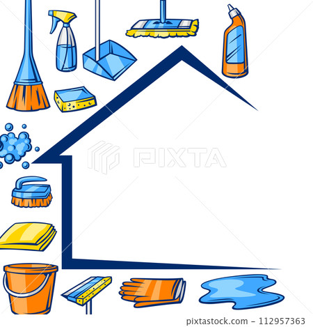 Background with cleaning items. Housekeeping illustration for service and advertising. 112957363