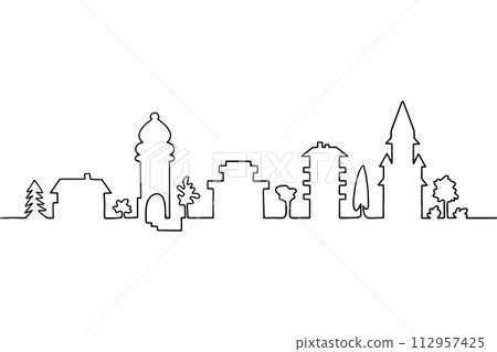 Continuous line art houses, single line sketch, isolated on white background. One continuous line drawing. 112957425