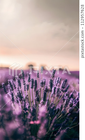 Beautiful landscape with lavender at sunset. Colorful nature with purple flower in Provence. 112957628