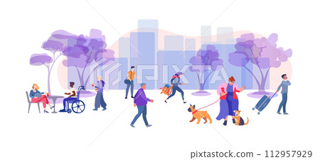 People going along city street withtrees. Big woman walks with a dogs. Urban panorama with pedestrians, buildings and road. Horizontal cityscape. Scene with citizens walking at sidewalks in town. Flat 112957929