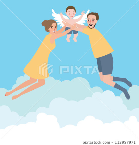 couple with their baby family flying wings happy to the sky couple with their baby family flying wings happy to the sky 112957971