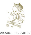Line drawing illustration of a girl blowing petals 112958109