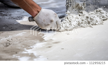 Workers smooth out the rough floor with a hand scraper.AI Generated 112958215
