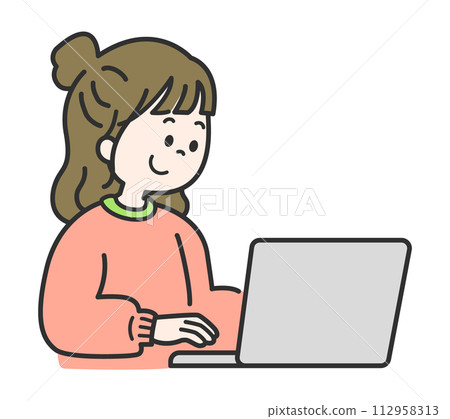 A woman operating a personal computer smiling 112958313