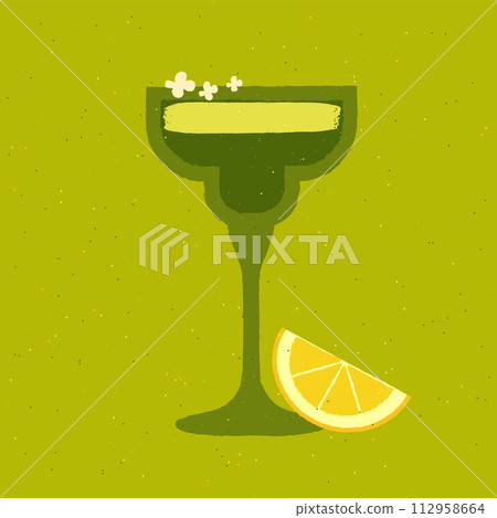Green cocktail with lemon and flower. Mojito in margarita glass. Fresh green soft drink Green cocktail with lemon and flower. Mojito in margarita glass. Fresh green soft drink 112958664