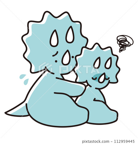Illustration of a worried-looking Triceratops parent and child rubbing the back of a child who seems to be in pain 112959445