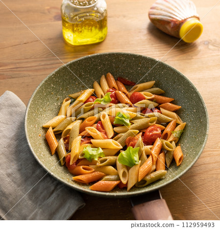 Above view of colorful Pasta Dish in Pan Above view of colorful Pasta Dish in Pan 112959493