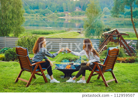 Two friends clinking glasses in backyard 112959507