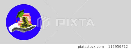 Investment in knowledge, student loan and scholarship. Grainy hand holding stack with coins and graduation cap on top. Contemporary art collage. Investment in knowledge, student loan and scholarship. Grainy hand holding stack with coins and graduation cap on top. Contemporary art collage. 112959712