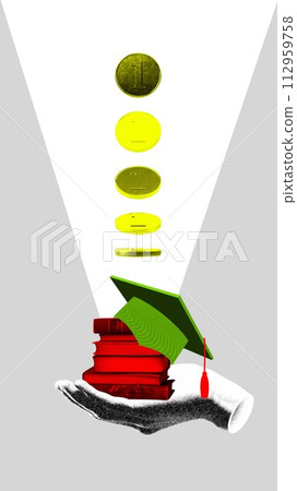 Impact in knowledges. Grainy hand holding books and graduation cap with coins above. Contemporary art collage. Impact in knowledges. Grainy hand holding books and graduation cap with coins above. Contemporary art collage. 112959758