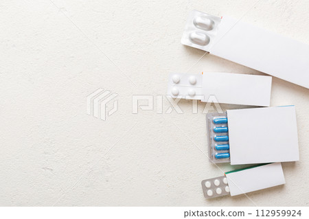 Blank White Product Package Box Mock-up. Open blank medicine drug box with blister top view 112959924