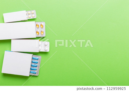 Blank White Product Package Box Mock-up. Open blank medicine drug box with blister top view Blank White Product Package Box Mock-up. Open blank medicine drug box with blister top view 112959925