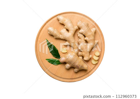 ginger on Cutting board table, isolated on white background top view. Space for text ginger on Cutting board table, isolated on white background top view. Space for text 112960373