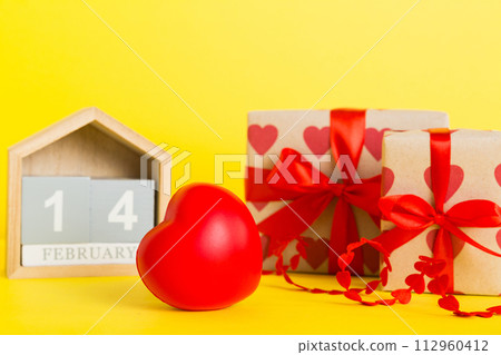 Valentine Day theme with wooden block calendar. Greeting card template for Valentines Day copy space for text Valentine Day theme with wooden block calendar. Greeting card template for Valentines Day copy space for text 112960412