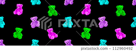 Neon cartoon bear doll background for teens and children. Fluffy soft stuffed toys seamless pattern. Little teddy bears vector illustrations in trendy style. Acid magenta cian lime black colors. 112960492