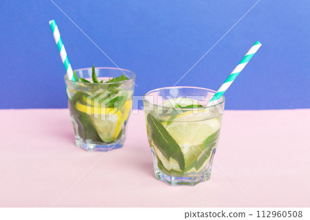 Mojito summer refreshing cocktail with ice and mint. mojito cocktail with lime, lemon and mint in a tall glass with a stick Mojito summer refreshing cocktail with ice and mint. mojito cocktail with lime, lemon and mint in a tall glass with a stick 112960508