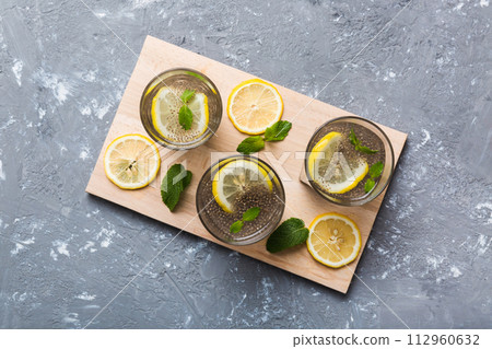 Healthy breakfast or morning with chia seeds lemon and mint on table background, vegetarian food, diet and health concept. Chia pudding with lemon and mint Healthy breakfast or morning with chia seeds lemon and mint on table background, vegetarian food, diet and health concept. Chia pudding with lemon and mint 112960632