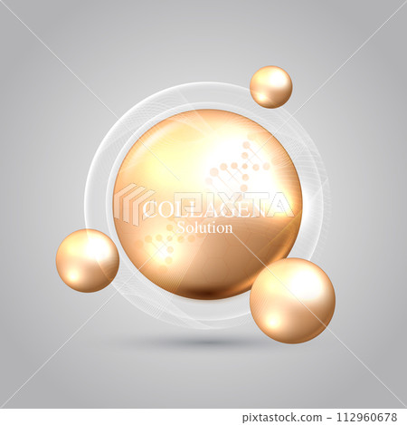Gold collagen solution and DNA. vitamin solution complex with chemical formula from nature. beauty treatment nutrition skin care design. medical and scientific concepts. vector design. 112960678