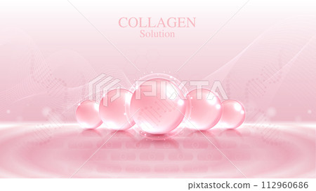Collagen solution and DNA on a pink background. vitamin solution complex with chemical formula from nature. beauty treatment nutrition skin care design. medical and scientific concepts. vector design. Collagen solution and DNA on a pink background. vitamin solution complex with chemical formula from nature. beauty treatment nutrition skin care design. medical and scientific concepts. vector design. 112960686