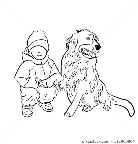 Illustration of a boy and a dog. The boy stands with a bone in his hand and the dog gives him a paw. Friendship of a dog and a man. Stock vector illustration. Illustration of a boy and a dog. The boy stands with a bone in his hand and the dog gives him a paw. Friendship of a dog and a man. Stock vector illustration. 112960804
