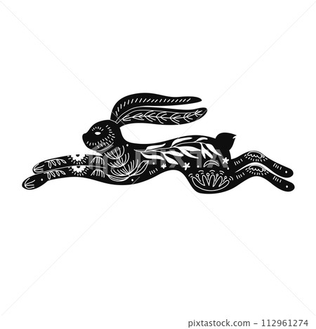 Black and White Easter Bunny Linocut 112961274