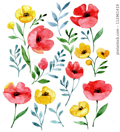 watercolor set with wildflowers. red and yellow poppies on a white background, abstract print 112961419