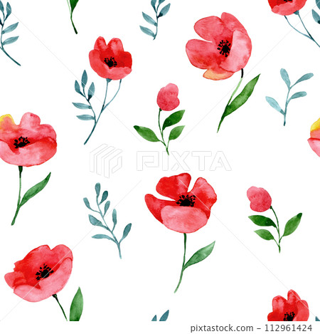 watercolor seamless pattern with wildflowers. red poppies on a white background, abstract print 112961424