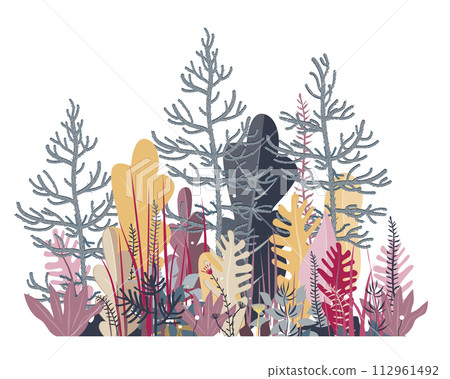 Prehistoric forest isolated illustration. Araucaria trees. Fantasy fairy herbs doodle drawing. Vector illustration 112961492