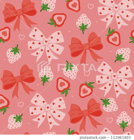 Seamless pattern with strawberries and bows. Vector graphics. Seamless pattern with strawberries and bows. Vector graphics. 112961803