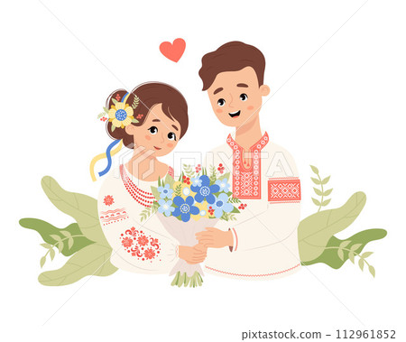 Happy Ukrainian enamored couple. Cute man and woman in traditional embroidered clothes with bouquet flowers. Vector illustration in flat style for holiday design 112961852