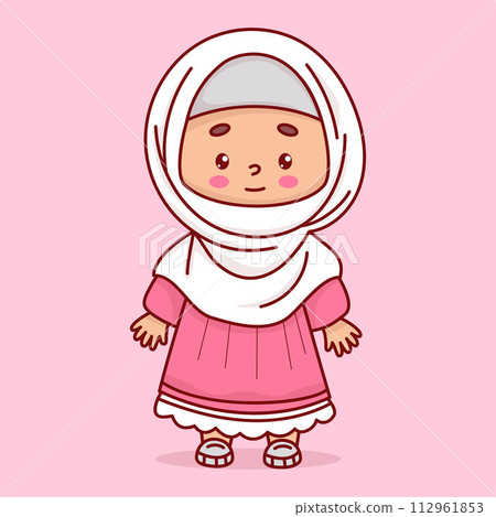 Cute Islamic child. Muslim girl in hijab and in traditional clothes. Happy cartoon ethnic female character. Vector illustration 112961853