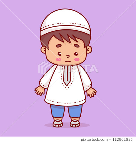 Cute Islamic boy child in traditional clothes. Happy cartoon muslim ethnic character. Vector illustration Cute Islamic boy child in traditional clothes. Happy cartoon muslim ethnic character. Vector illustration 112961855